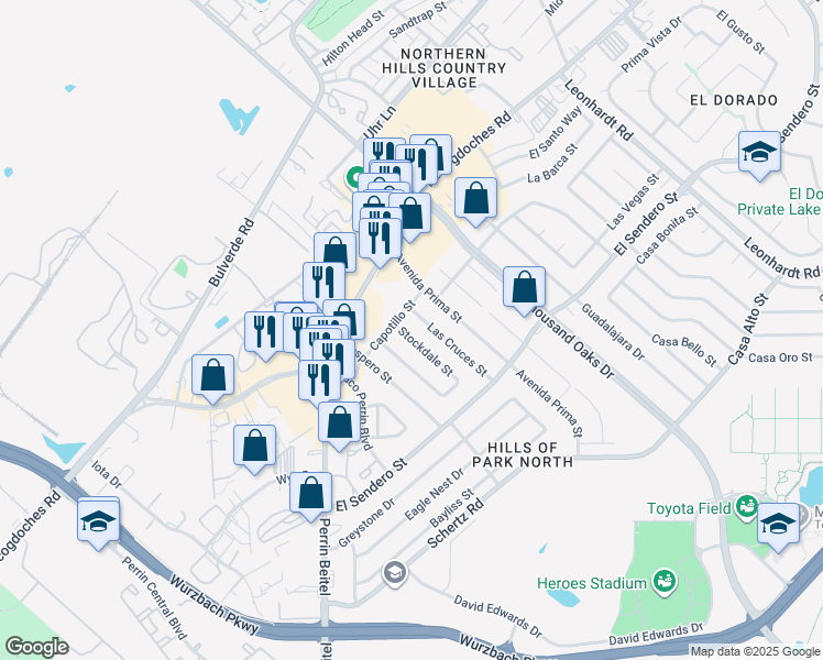 map of restaurants, bars, coffee shops, grocery stores, and more near 4319 Stockdale Street in San Antonio