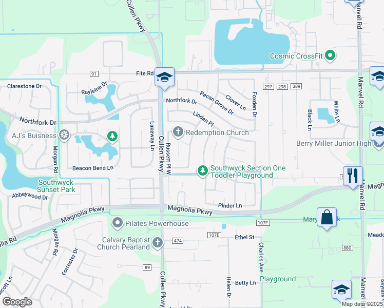 map of restaurants, bars, coffee shops, grocery stores, and more near 2911 Abbey Field Drive in Pearland