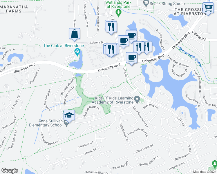 map of restaurants, bars, coffee shops, grocery stores, and more near 5015 Wheaton Park Drive in Sugar Land