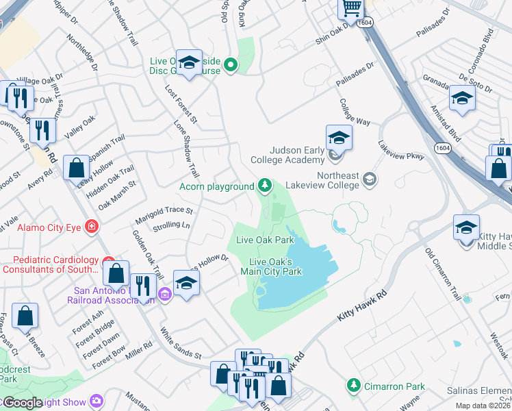 map of restaurants, bars, coffee shops, grocery stores, and more near 11610 Welcome Drive in San Antonio