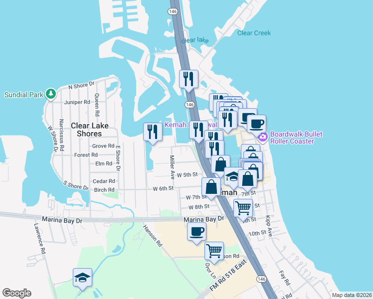 map of restaurants, bars, coffee shops, grocery stores, and more near 25 West 4th Street in Kemah