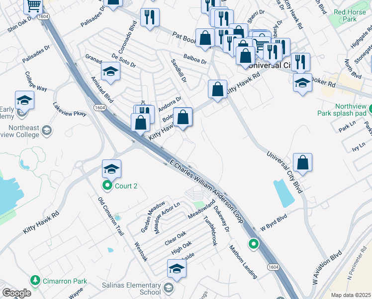 map of restaurants, bars, coffee shops, grocery stores, and more near 910 Kitty Hawk Road in Universal City