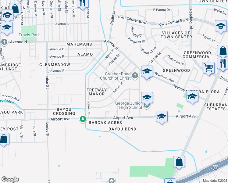 map of restaurants, bars, coffee shops, grocery stores, and more near 4299 Junker Street in Rosenberg