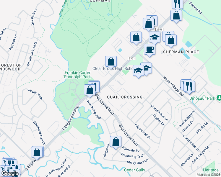 map of restaurants, bars, coffee shops, grocery stores, and more near Watkins Way in Friendswood