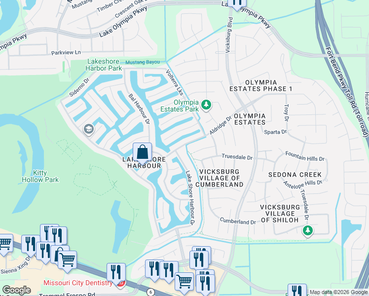 map of restaurants, bars, coffee shops, grocery stores, and more near 2711 Lake Shore Harbour Drive in Missouri City