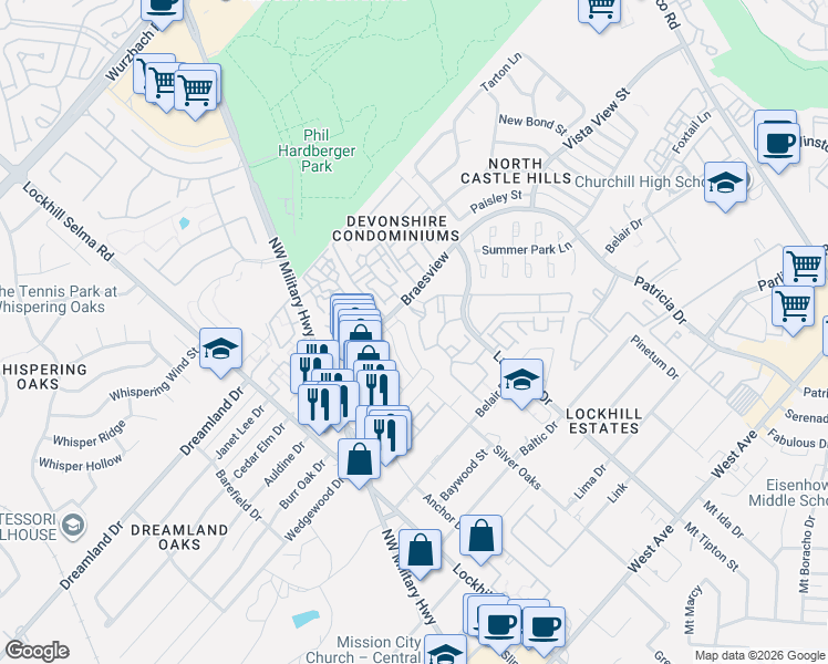 map of restaurants, bars, coffee shops, grocery stores, and more near 2225 Bedford Stage in San Antonio