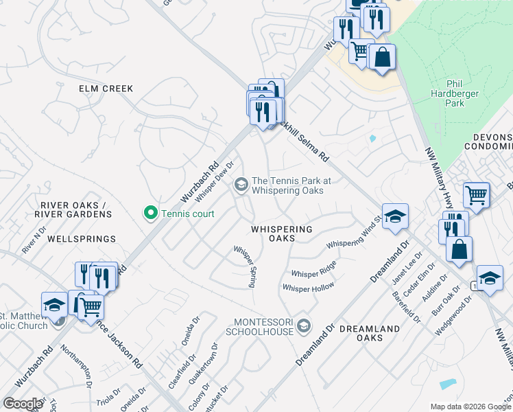 map of restaurants, bars, coffee shops, grocery stores, and more near 11306 Whisper Willow Street in San Antonio