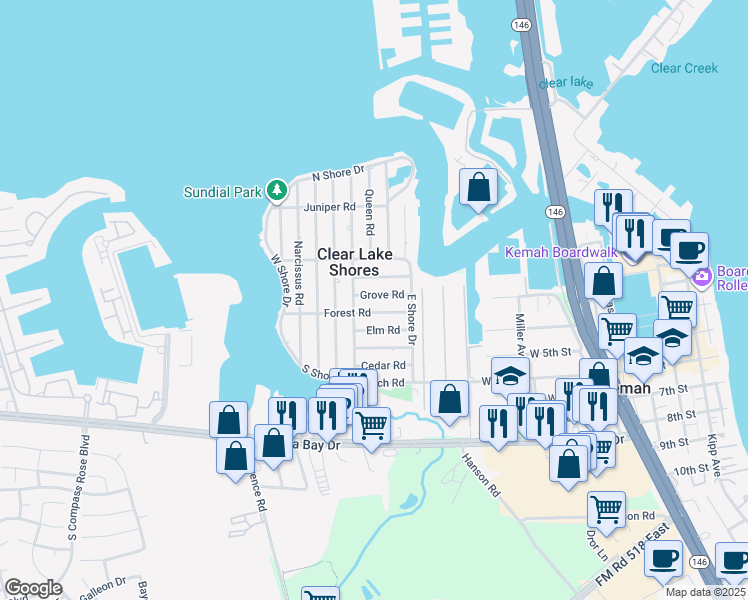 map of restaurants, bars, coffee shops, grocery stores, and more near 907 Forest Road in Kemah