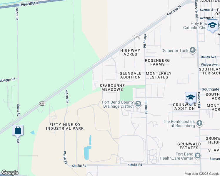map of restaurants, bars, coffee shops, grocery stores, and more near 1010 Harrisburg Court in Rosenberg