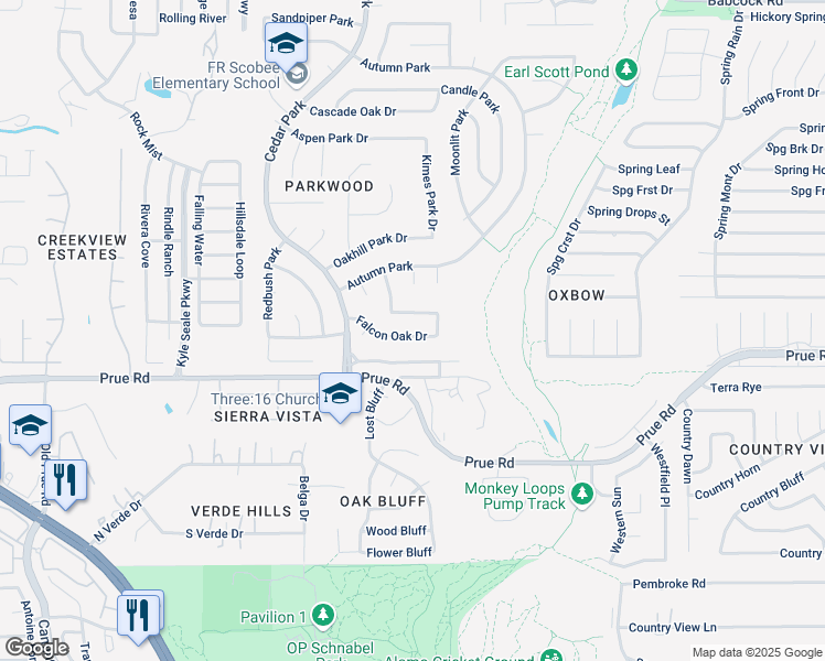 map of restaurants, bars, coffee shops, grocery stores, and more near 7734 Falcon Oak Drive in San Antonio