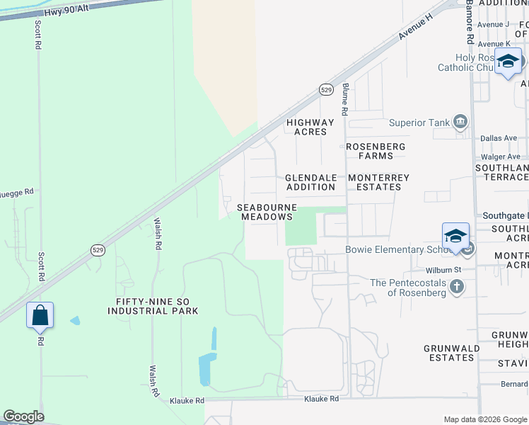 map of restaurants, bars, coffee shops, grocery stores, and more near 1010 Harrisburg Court in Rosenberg