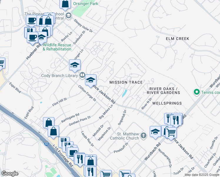 map of restaurants, bars, coffee shops, grocery stores, and more near 11302 Cottage Grove in San Antonio