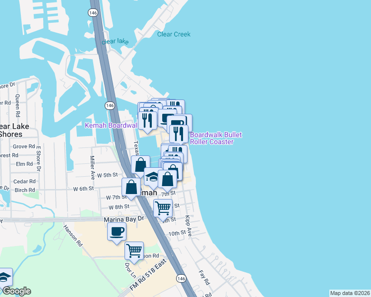 map of restaurants, bars, coffee shops, grocery stores, and more near 701 4th Street in Kemah
