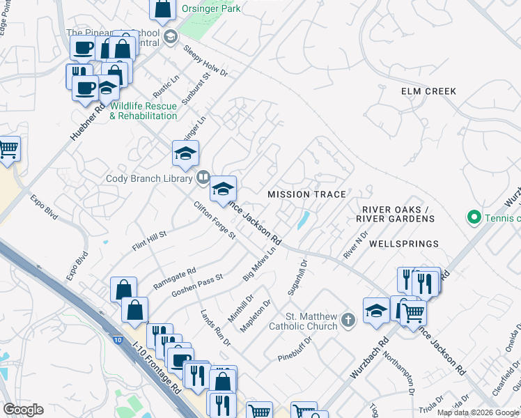 map of restaurants, bars, coffee shops, grocery stores, and more near 11302 Cottage Grove in San Antonio