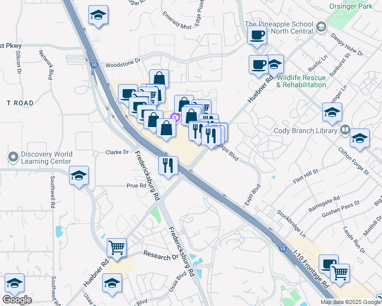 map of restaurants, bars, coffee shops, grocery stores, and more near 11255 Huebner Road in San Antonio