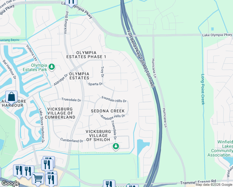 map of restaurants, bars, coffee shops, grocery stores, and more near 3246 Fountain Hills Drive in Missouri City