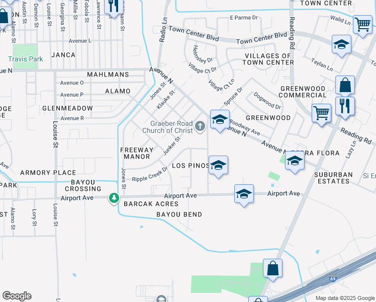 map of restaurants, bars, coffee shops, grocery stores, and more near 1803 Ripple Creek Drive in Rosenberg