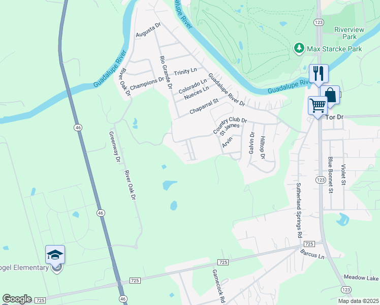 map of restaurants, bars, coffee shops, grocery stores, and more near 809-823 Country Club Drive in Seguin