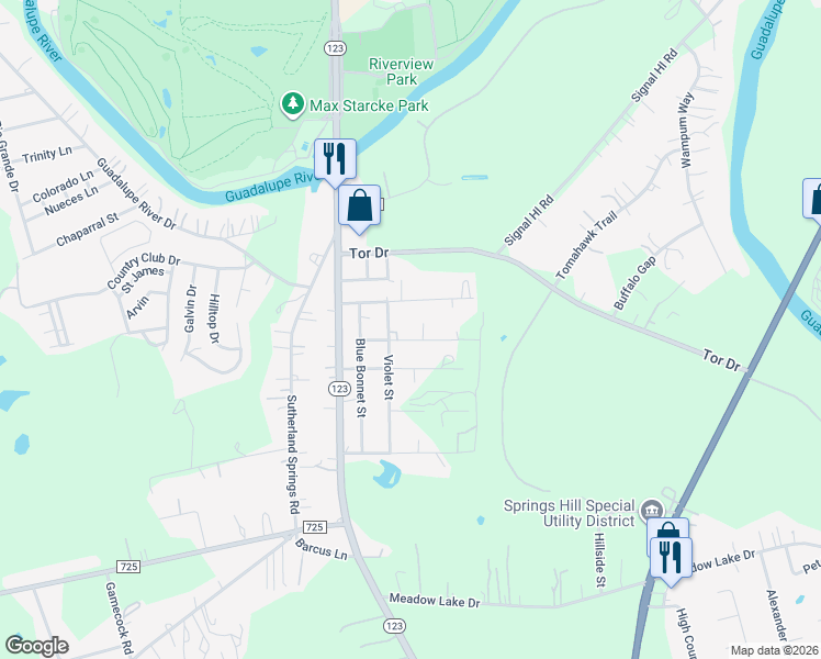 map of restaurants, bars, coffee shops, grocery stores, and more near 312 Blanks Street in Seguin