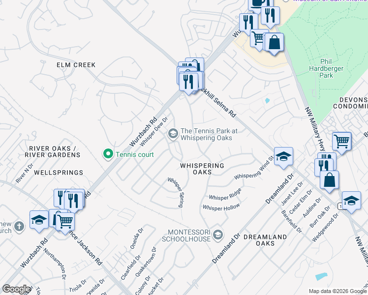 map of restaurants, bars, coffee shops, grocery stores, and more near 11306 Whisper Willow Street in San Antonio