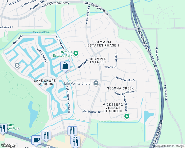 map of restaurants, bars, coffee shops, grocery stores, and more near 3538 Truesdale Drive in Missouri City
