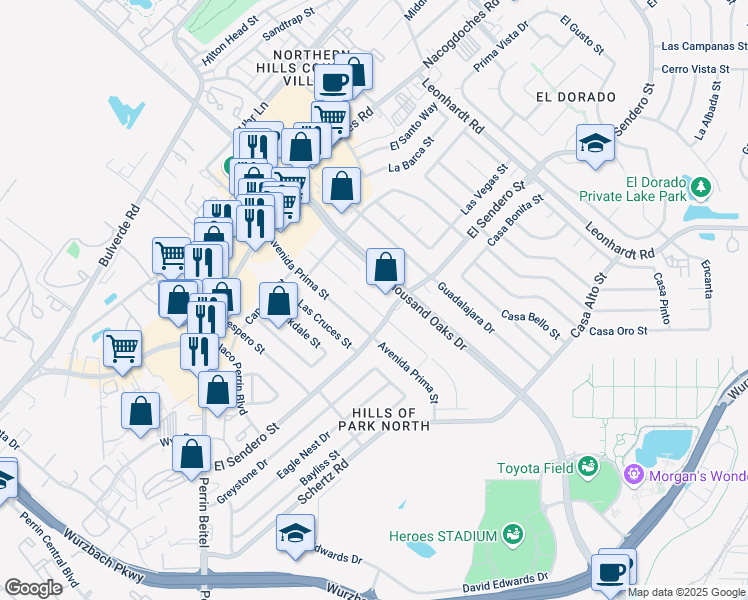 map of restaurants, bars, coffee shops, grocery stores, and more near 4419 Avenida Prima Street in San Antonio