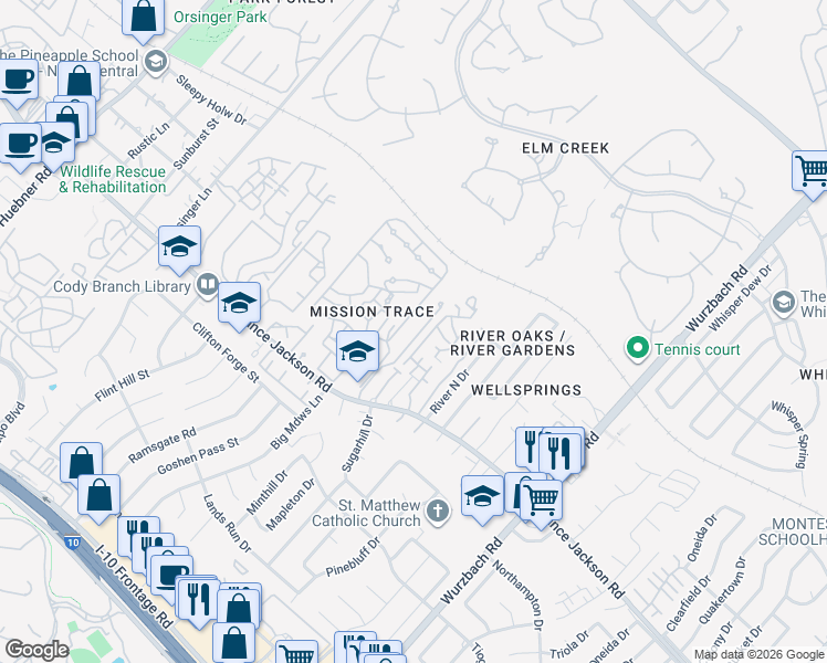 map of restaurants, bars, coffee shops, grocery stores, and more near 3455 Monterrey Oak in San Antonio