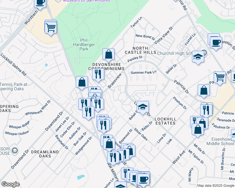 map of restaurants, bars, coffee shops, grocery stores, and more near 11800 Braesview in San Antonio