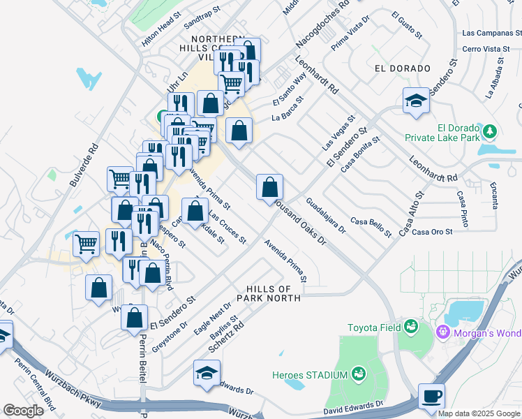 map of restaurants, bars, coffee shops, grocery stores, and more near 4419 Avenida Prima Street in San Antonio