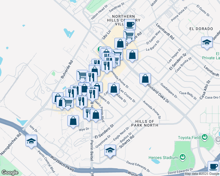 map of restaurants, bars, coffee shops, grocery stores, and more near 4303 Capotillo Street in San Antonio