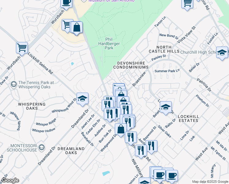 map of restaurants, bars, coffee shops, grocery stores, and more near 11501 Braesview in San Antonio