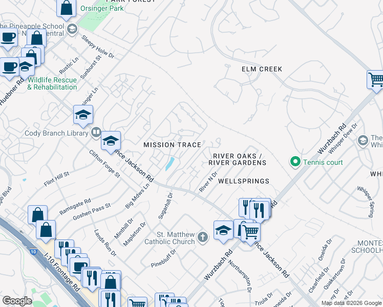 map of restaurants, bars, coffee shops, grocery stores, and more near 3455 Monterrey Oak in San Antonio