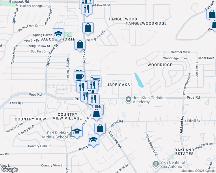 map of restaurants, bars, coffee shops, grocery stores, and more near 11210 Casina View in San Antonio