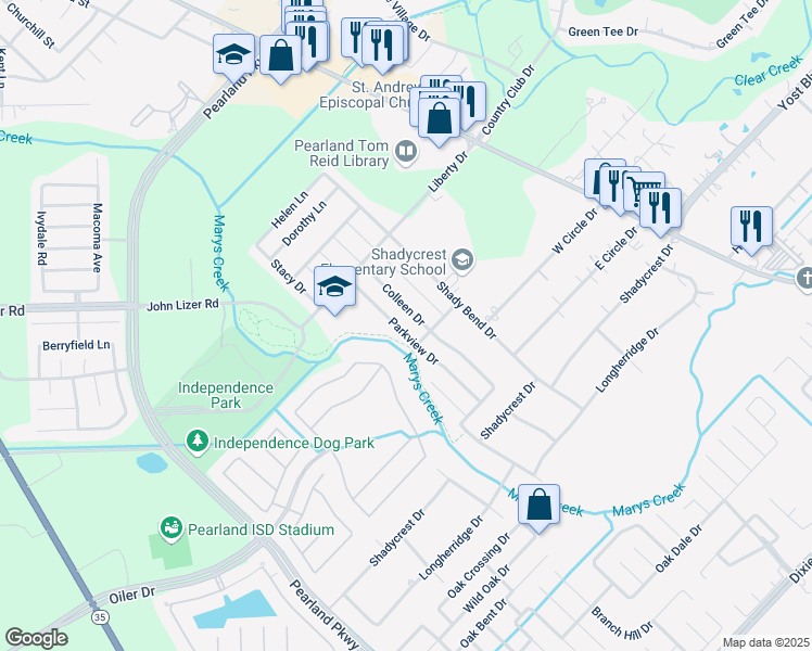 map of restaurants, bars, coffee shops, grocery stores, and more near 2330 Parkview Drive in Pearland