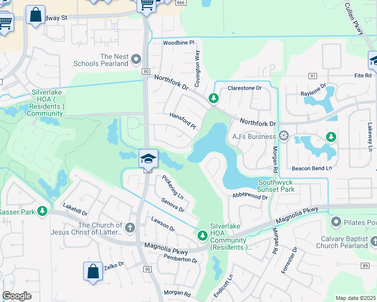 map of restaurants, bars, coffee shops, grocery stores, and more near 2635 Shelby Drive in Pearland