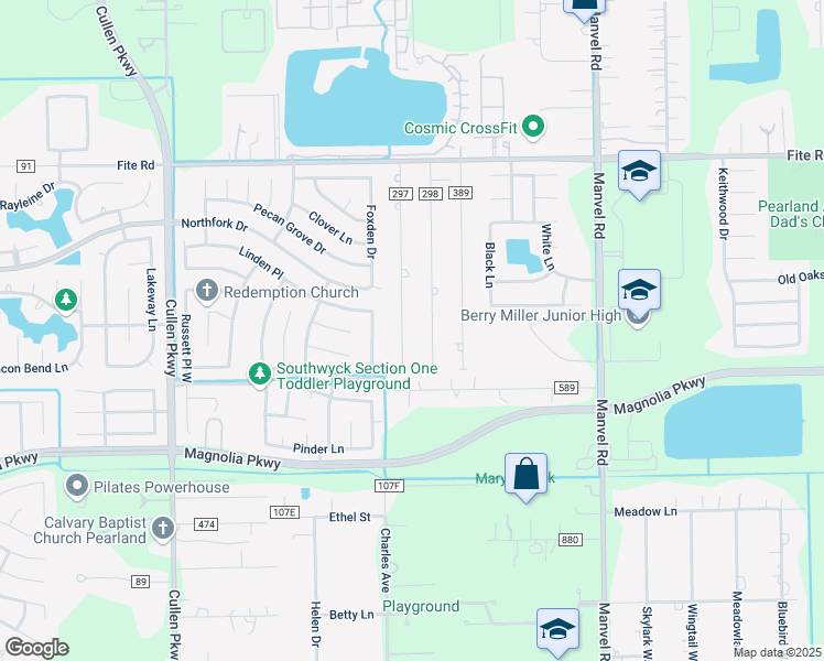 map of restaurants, bars, coffee shops, grocery stores, and more near 2819 Ash Road in Pearland