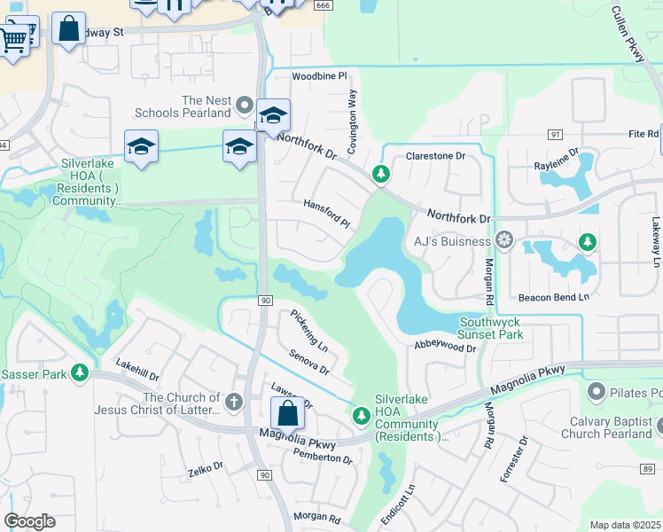 map of restaurants, bars, coffee shops, grocery stores, and more near 2635 Shelby Drive in Pearland
