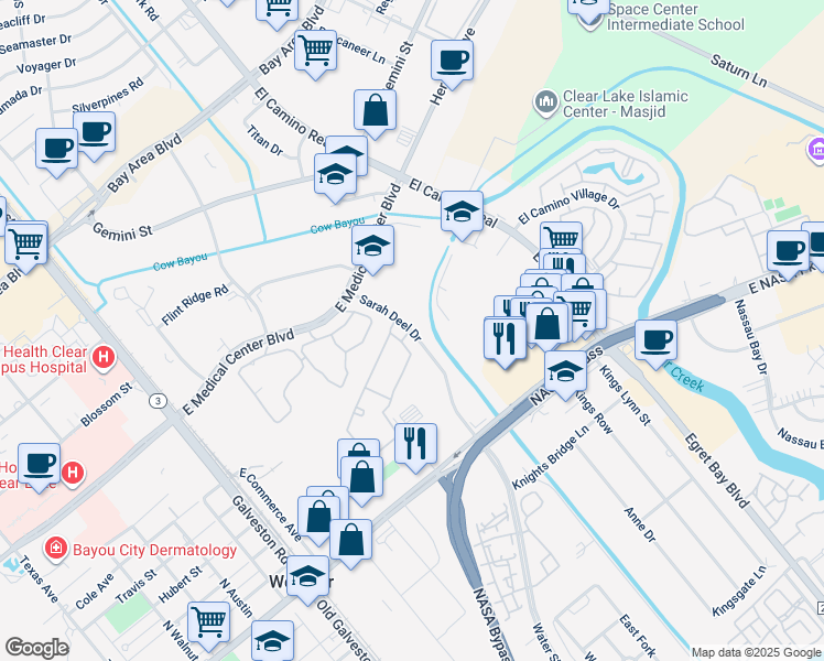 map of restaurants, bars, coffee shops, grocery stores, and more near 506 Sarah Deel Drive in Webster