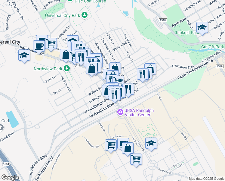 map of restaurants, bars, coffee shops, grocery stores, and more near 118 East Byrd Boulevard in Universal City