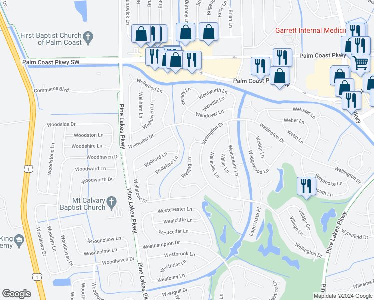 map of restaurants, bars, coffee shops, grocery stores, and more near 24 Welling Lane in Palm Coast