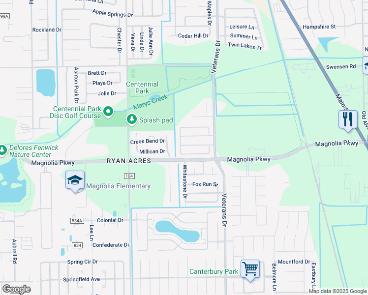 map of restaurants, bars, coffee shops, grocery stores, and more near 3304 West Magnolia Elms Drive in Pearland