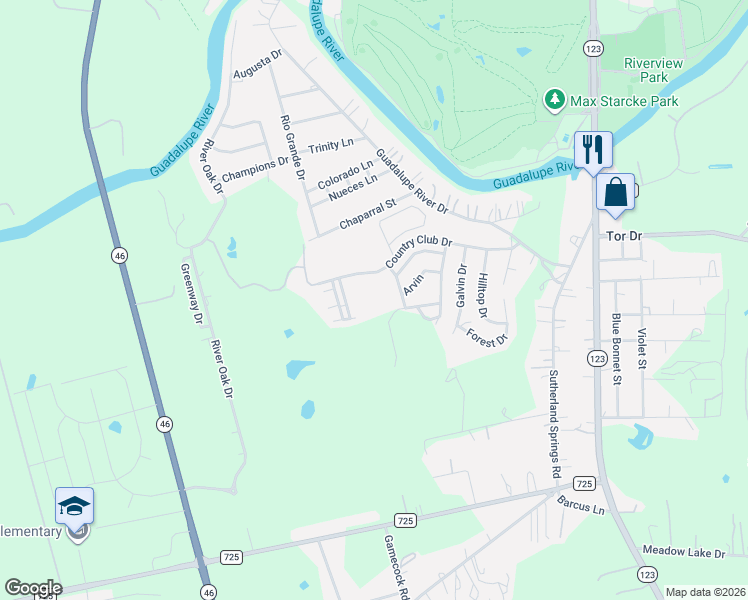map of restaurants, bars, coffee shops, grocery stores, and more near 212 Club View West in Seguin