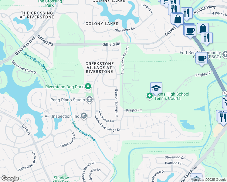 map of restaurants, bars, coffee shops, grocery stores, and more near 3806 Orchard Springs court in Sugar Land