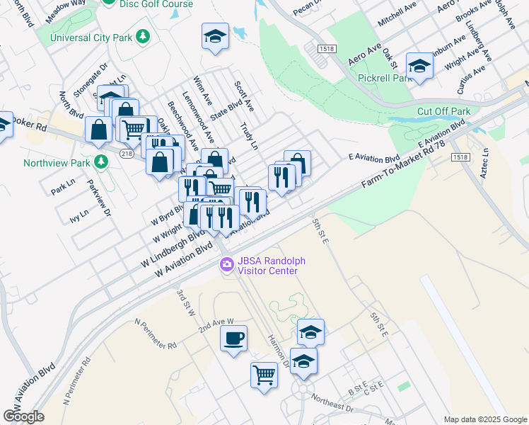 map of restaurants, bars, coffee shops, grocery stores, and more near 304 East Lindbergh Boulevard in Universal City