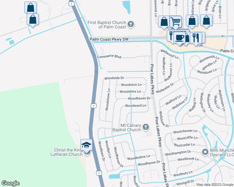 map of restaurants, bars, coffee shops, grocery stores, and more near 2 Woodston Lane in Palm Coast