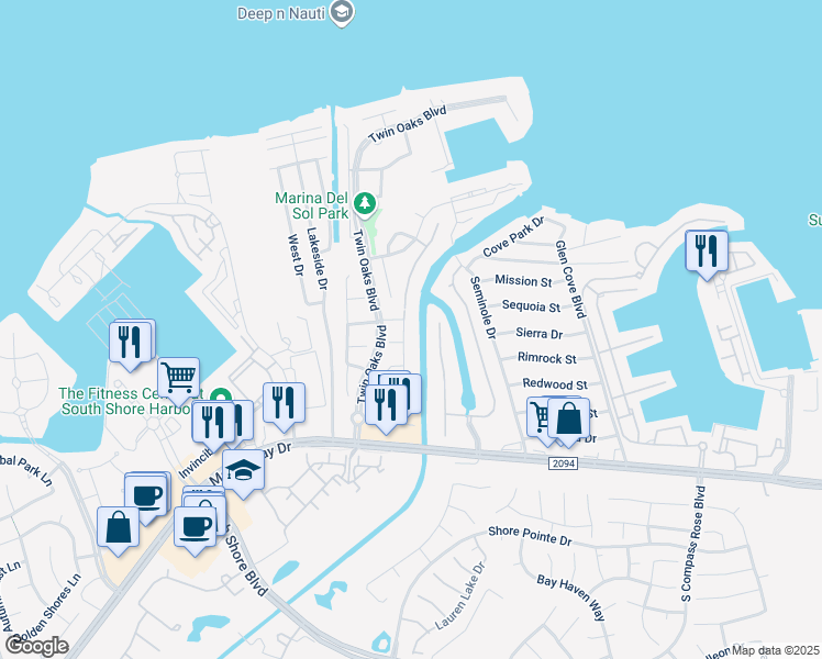 map of restaurants, bars, coffee shops, grocery stores, and more near 336 Twin Timbers Lane in Kemah