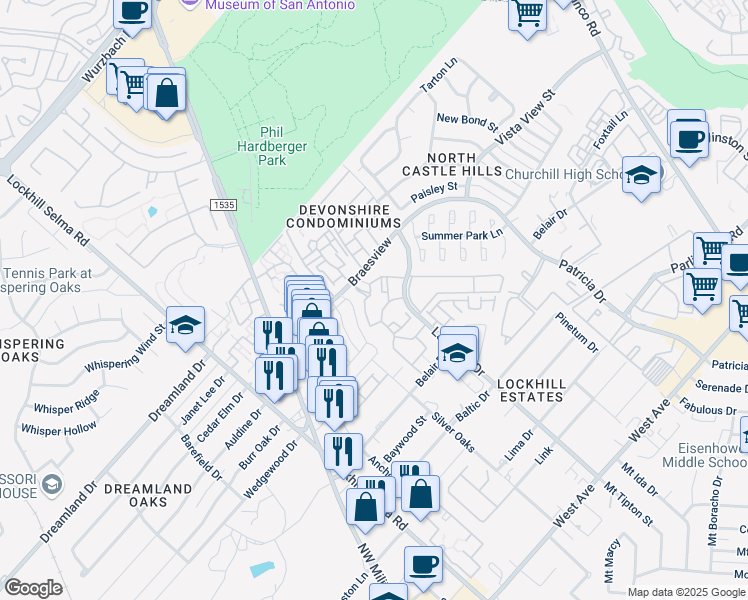 map of restaurants, bars, coffee shops, grocery stores, and more near 11800 Braesview in San Antonio