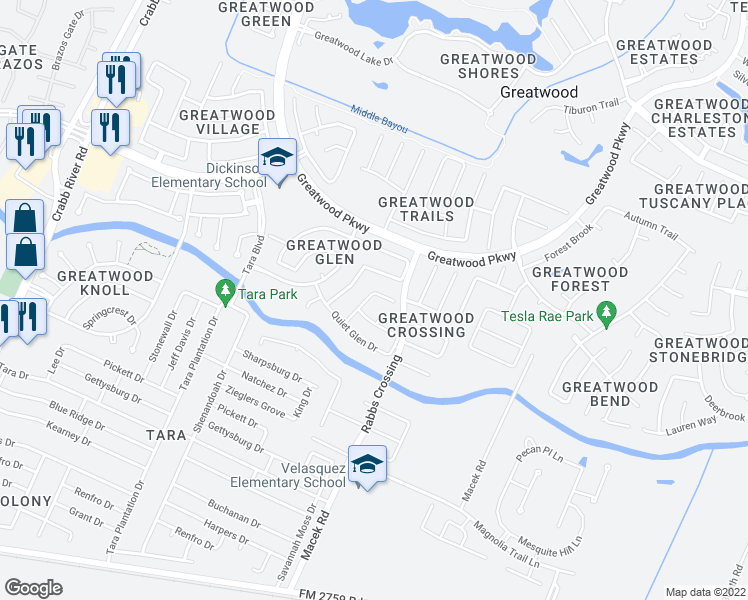 map of restaurants, bars, coffee shops, grocery stores, and more near 7306 Glendale Drive in Sugar Land