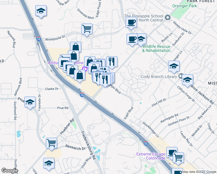 map of restaurants, bars, coffee shops, grocery stores, and more near 11306 Huebner Road in San Antonio