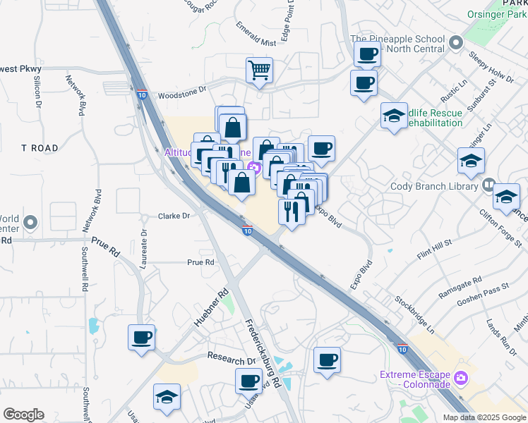 map of restaurants, bars, coffee shops, grocery stores, and more near 11001 Interstate 10 in San Antonio